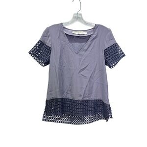 Marie Oliver Silk V-Neck Blouse XS Lavender Lattice Embroidered Trim